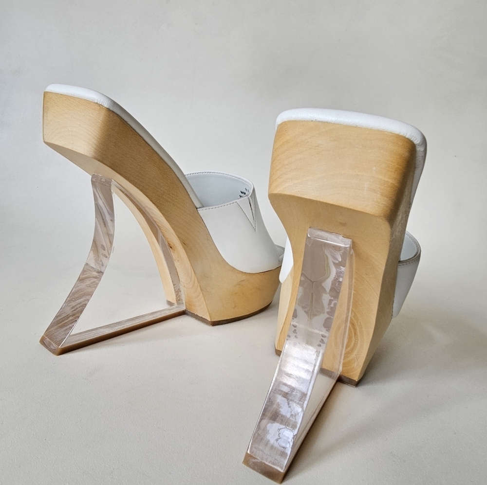 Jeffrey Campbell Pellucid White Faux Leather Lucite Sculptural Heel Sandals - Picture 8 of 13
